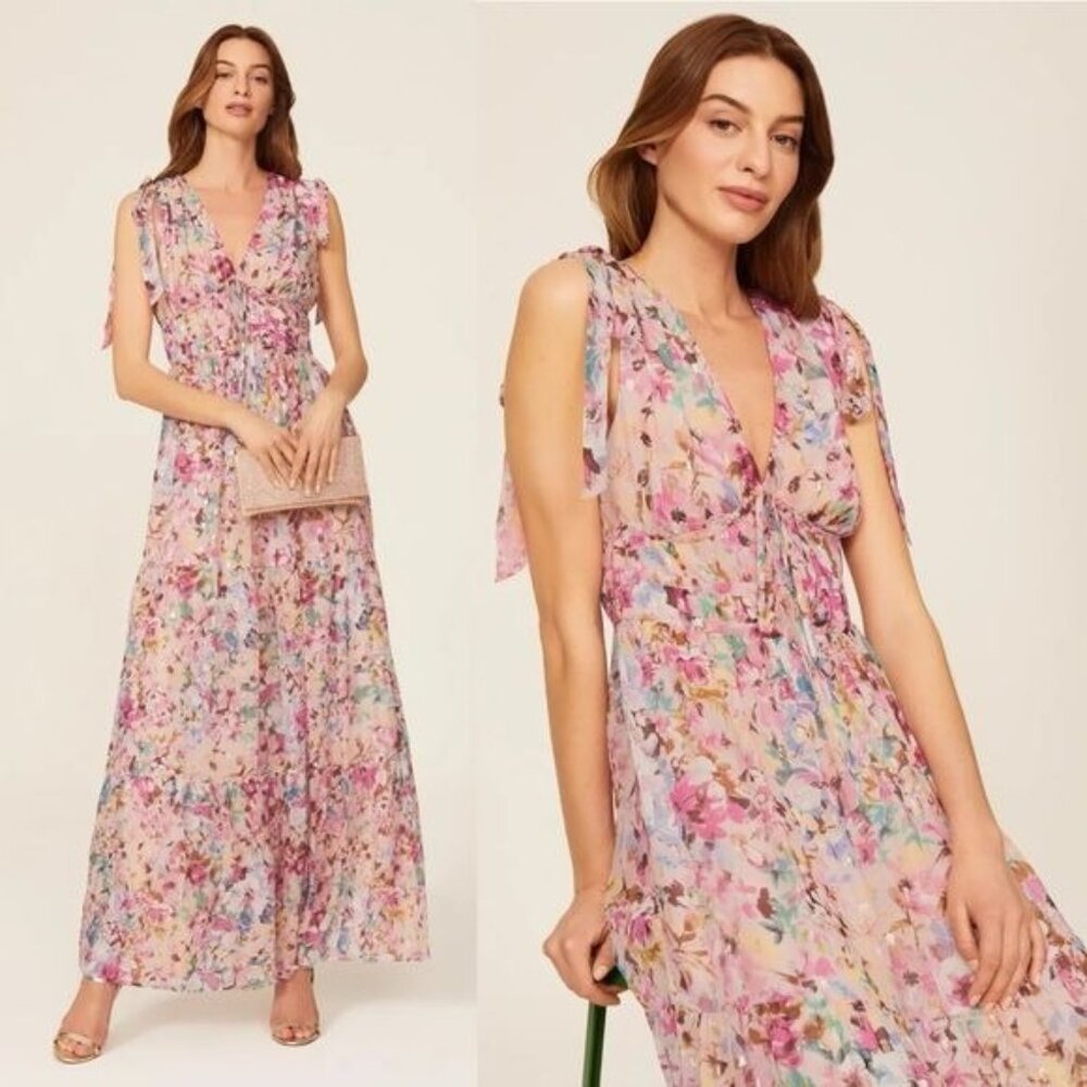 Shoshanna Zahra Silk Floral Tiered Maxi Gown 2 Metallic Tie Sleeve Dress